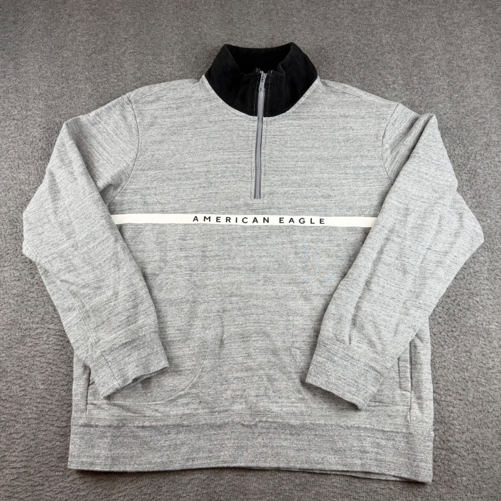 American Eagle Quarter Zip Sweatshirt Men's L Grey Logo Stripe Mock Neck